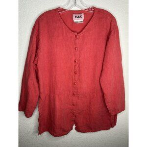 Flax Shirt Womens Small Red 100% Linen Button Front Long Sleeve Tunic Top Boho
